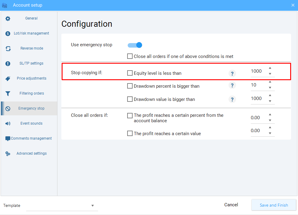 How to select the highlighted setting to stop further copying of trades