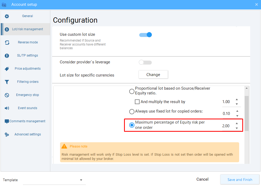 Image shows highlighted option for setting percentage risk