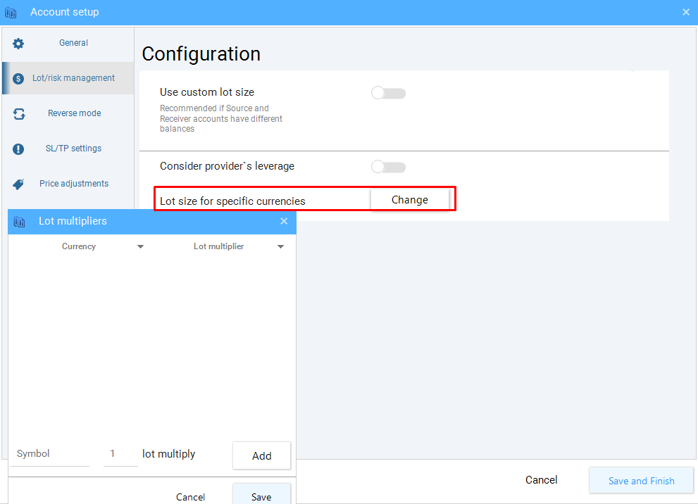 How to change lots on specific currencies