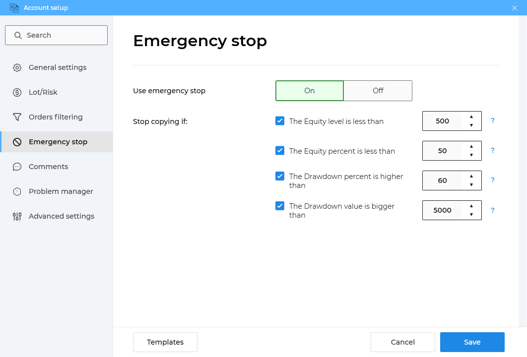 Stop copying orders in case of drawdown on Source Receiver account