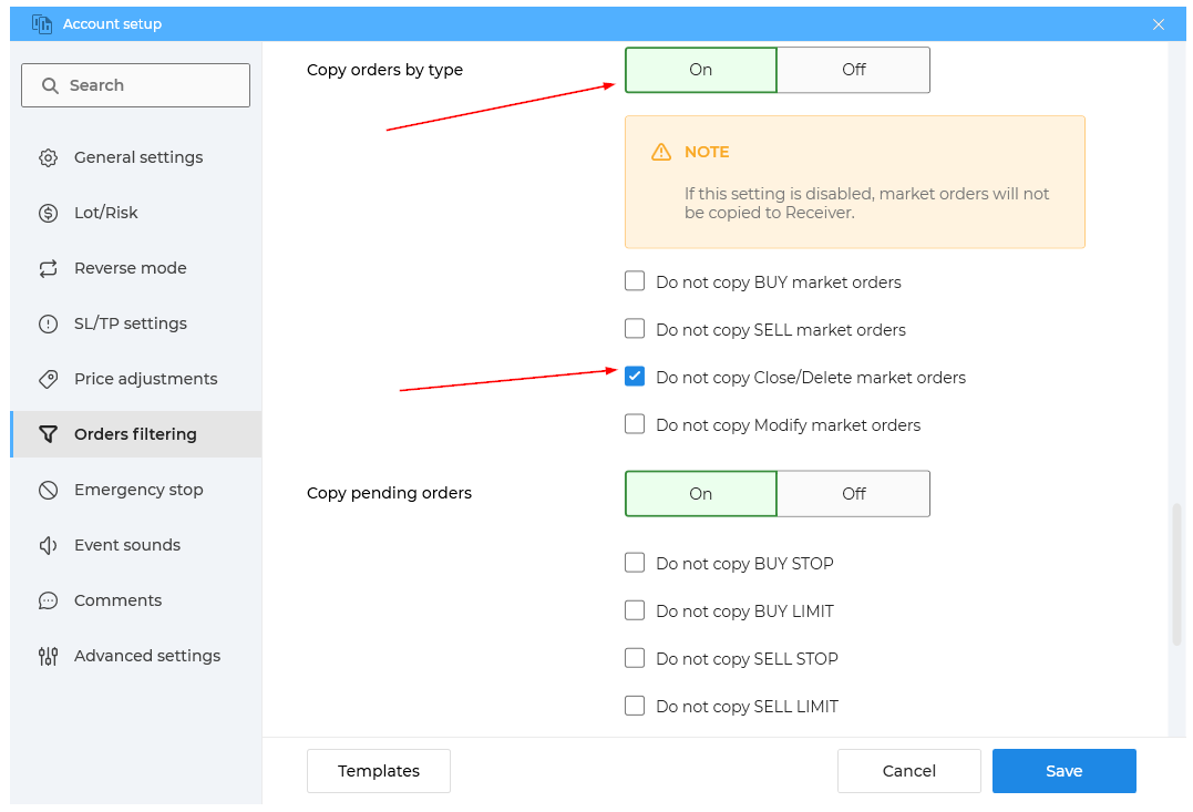 How to copy do not copy Close Delete Orders