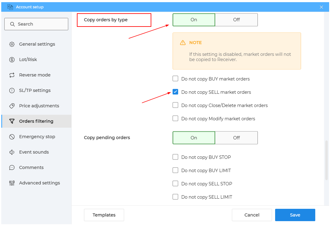 How to copy do not copy SELL orders