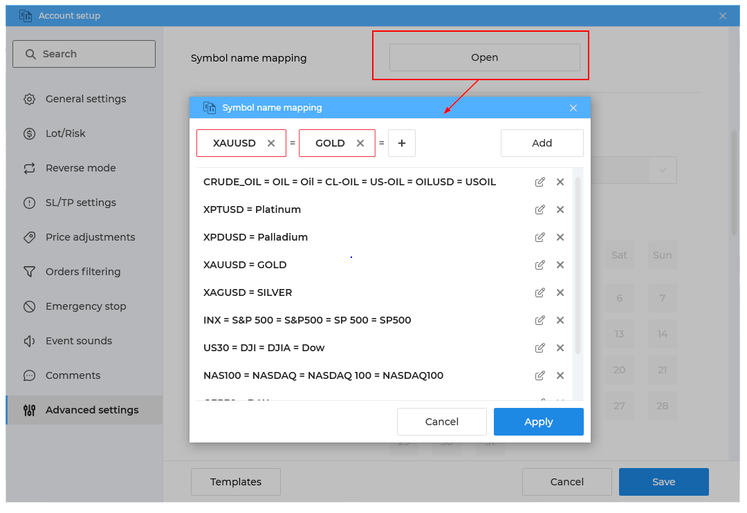 How to copy orders for the symbols with different names