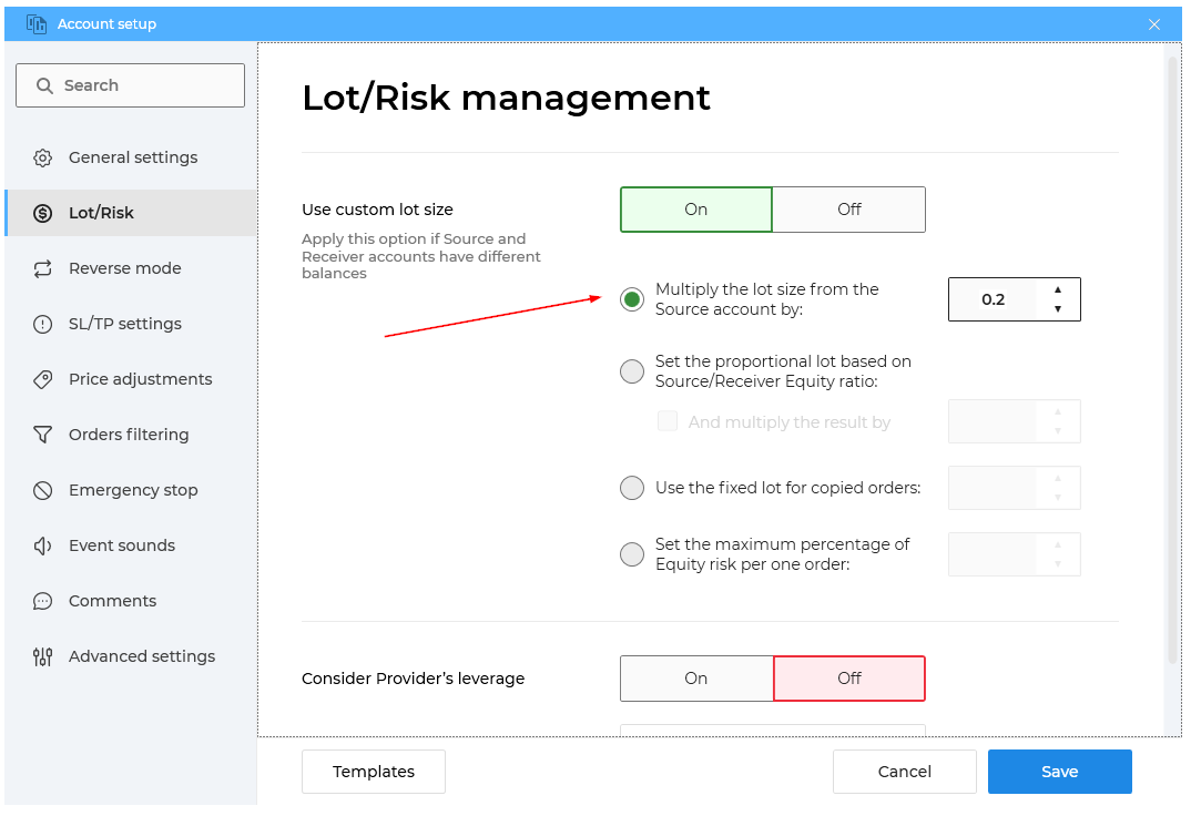 How to set a lot multiplier on Receiver account